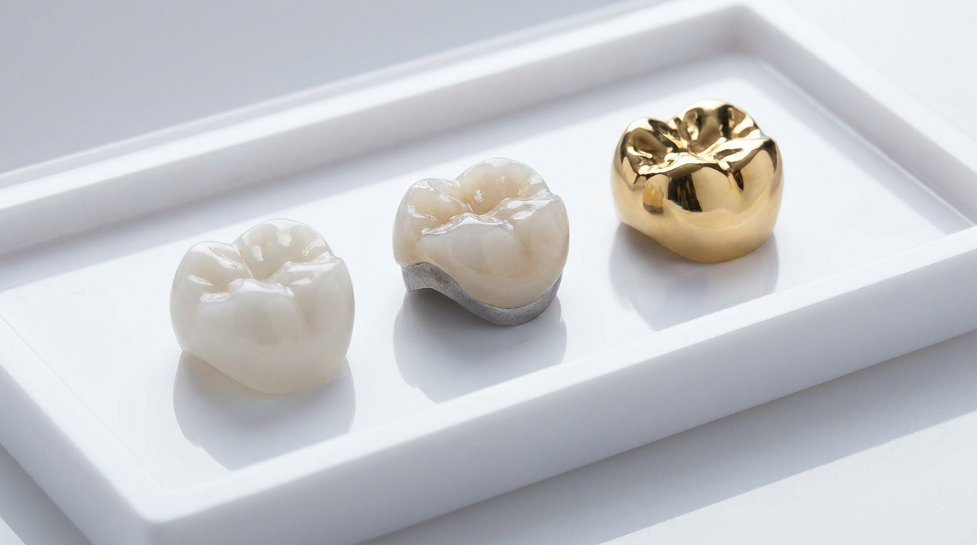 Three dental crowns, one white, one white with a gray base, and one gold, sit on a white tray.