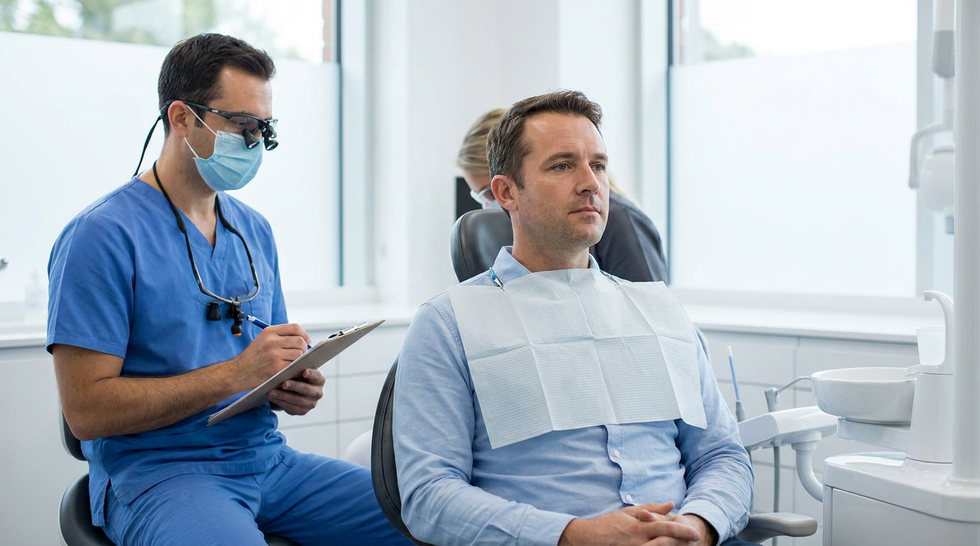 A male dentist in blue scrubs, a face mask, and loupes sits to the left, writing on a clipboard, while a male patient in a light blue shirt and a dental bib sits in a dental chair to the right, looking forward.