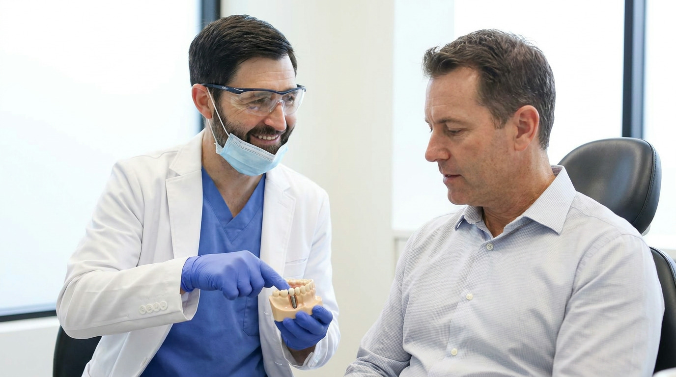A dentist in a white lab coat, blue scrubs, safety glasses, and a mask pulled down points to a dental implant model while talking to a patient seated in a dental chair.