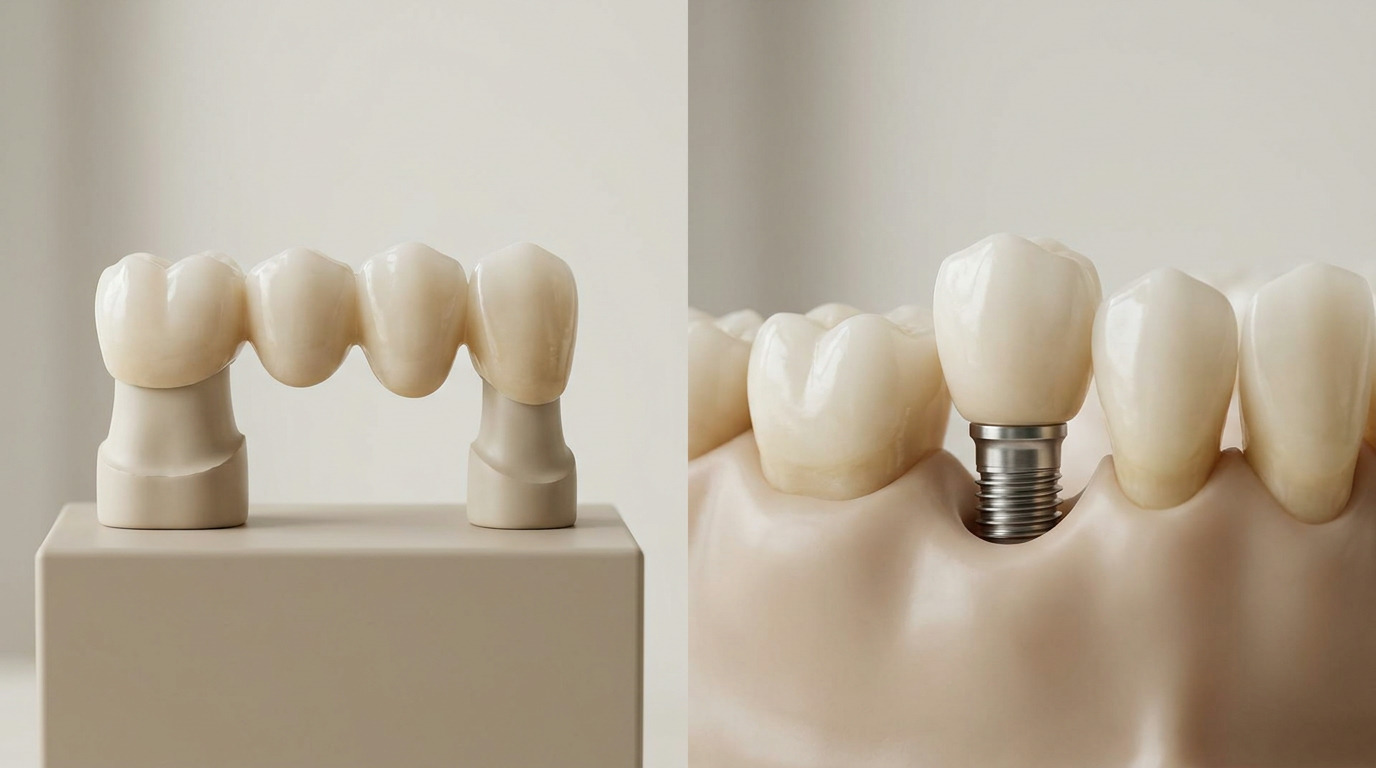 A dental bridge model rests on a beige block next to a dental implant model with a crown and screw in a gum-like base.