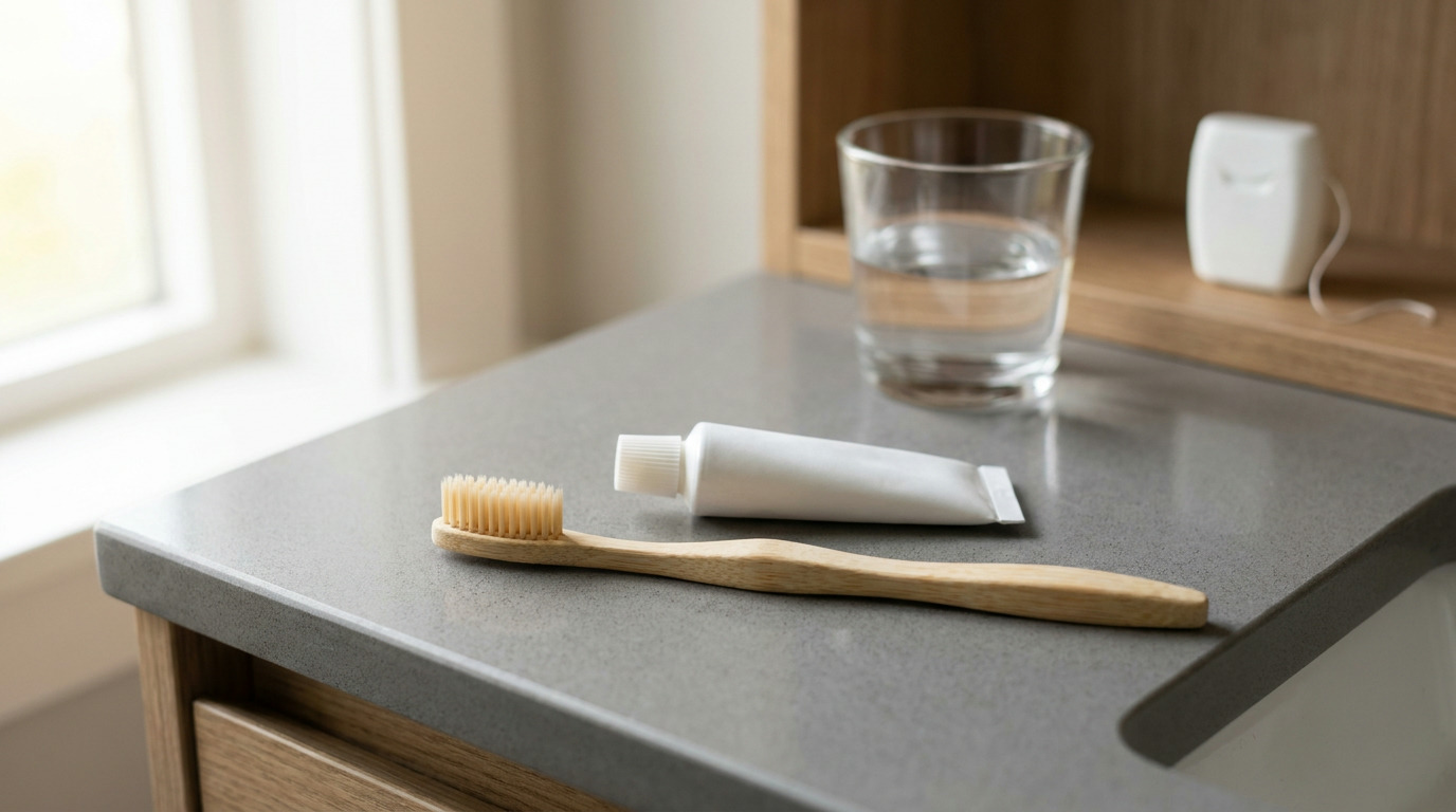 A bamboo toothbrush, a white tube of toothpaste, and a glass of water sit on a gray bathroom counter next to a sink, with a white dental floss container visible in the background.