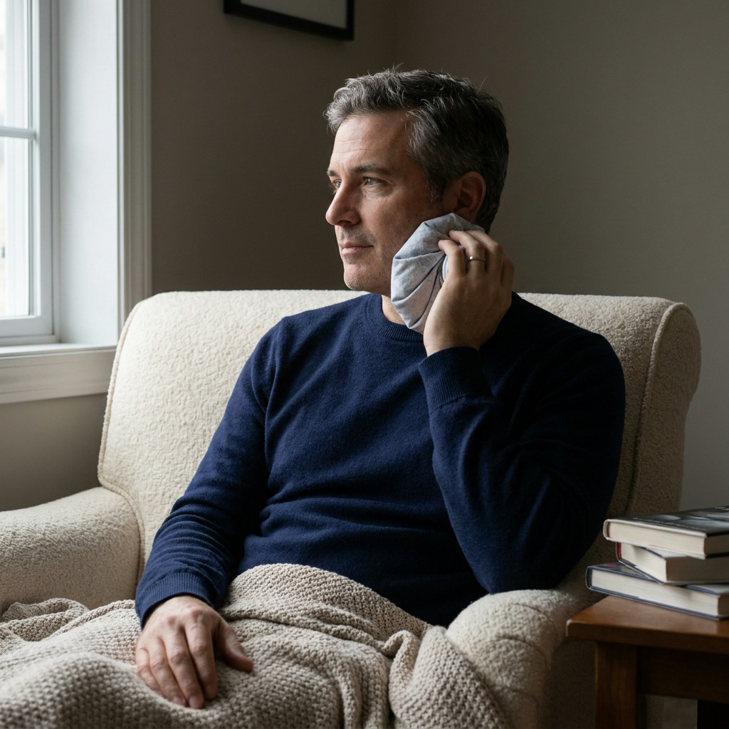 Steven sits in a cream armchair, covered by a beige blanket, holding a light gray ice pack to his right jaw, looking out a window.