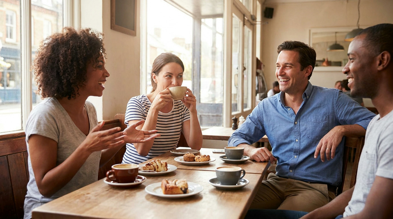 Four smiling people sit at a wooden table in a sunlit cafe with coffee cups and pastries, as one woman gestures while talking.