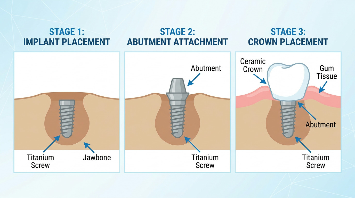 An illustration depicts three stages of a dental implant: a titanium screw in jawbone, an abutment attached to the screw, and a ceramic crown placed on the abutment surrounded by gum tissue.