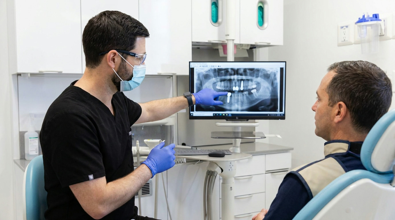 Dr. Bates, wearing black scrubs, a blue mask, and safety glasses, points to a dental X-ray on a monitor while a patient in a dental chair watches him.
