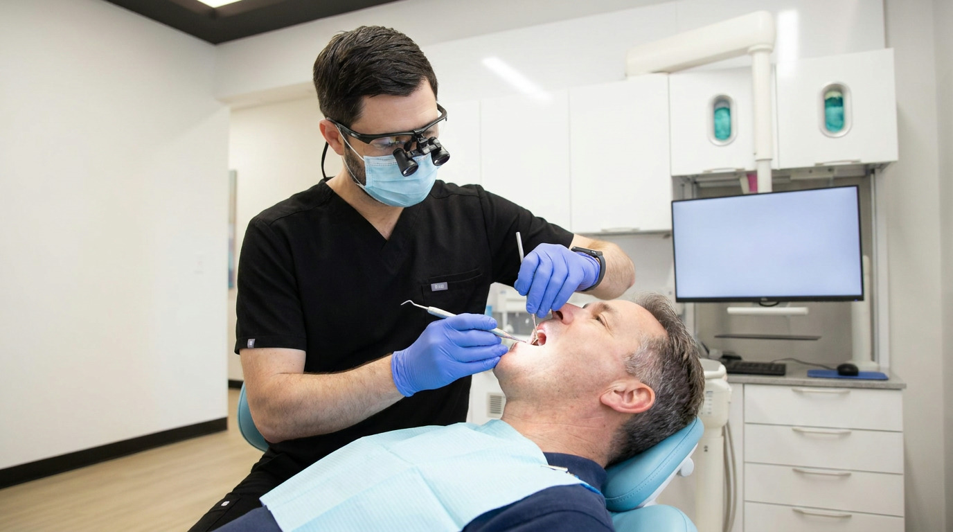 Dr. David Bates, wearing a mask and loupes, examines a male patient's open mouth with dental tools while the patient reclines in a dental chair with a blue bib in a modern dental office.