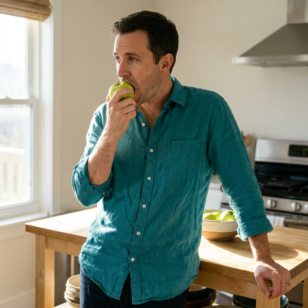 Brandon stands in a kitchen, wearing a teal shirt, leaning on a wooden island while biting into a green apple.