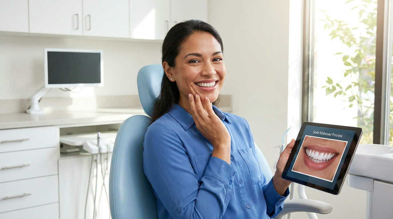 A smiling woman in a blue shirt sits in a dental chair, holding a tablet displaying a "Smile Makeover Preview" of white teeth.