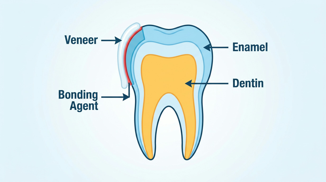 Diagram shows a tooth cross-section with enamel and dentin layers, a veneer on the front surface, and a red bonding agent between the veneer and the tooth.