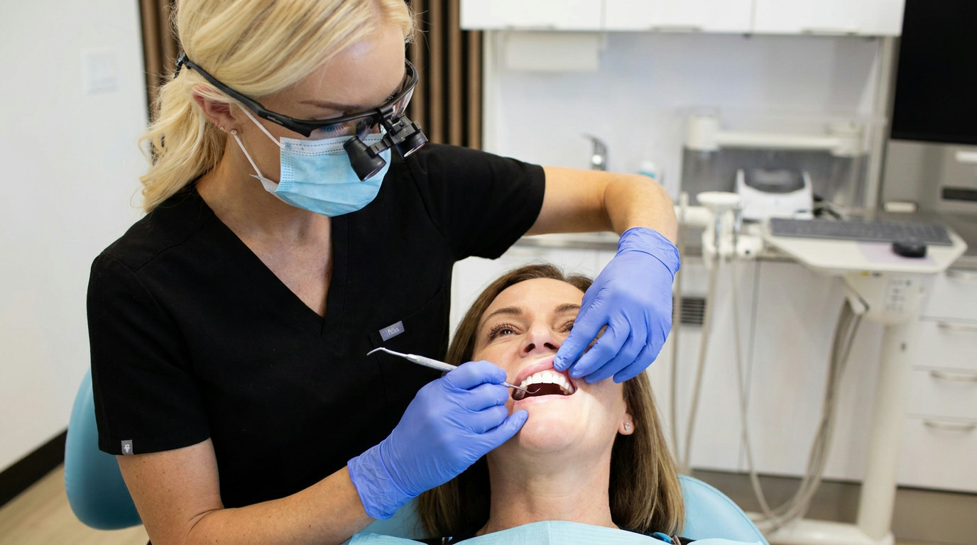 A dentist in black scrubs, blue mask, and magnifying glasses examines a patient's open mouth with a dental tool, both wearing blue gloves, in a bright dental office.