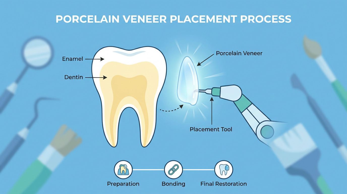 An illustration shows a tooth with enamel and dentin labeled, a porcelain veneer being placed by a tool, and icons for preparation, bonding, and final restoration, with blurred dental tools in the background.