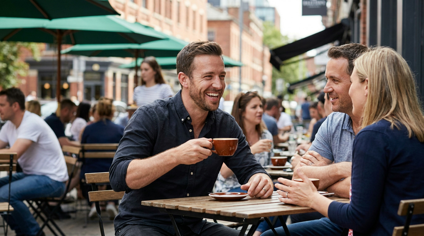 Brandon, laughs while holding a coffee cup at an outdoor cafe table with two friends, as other patrons and green umbrellas are visible in the background.