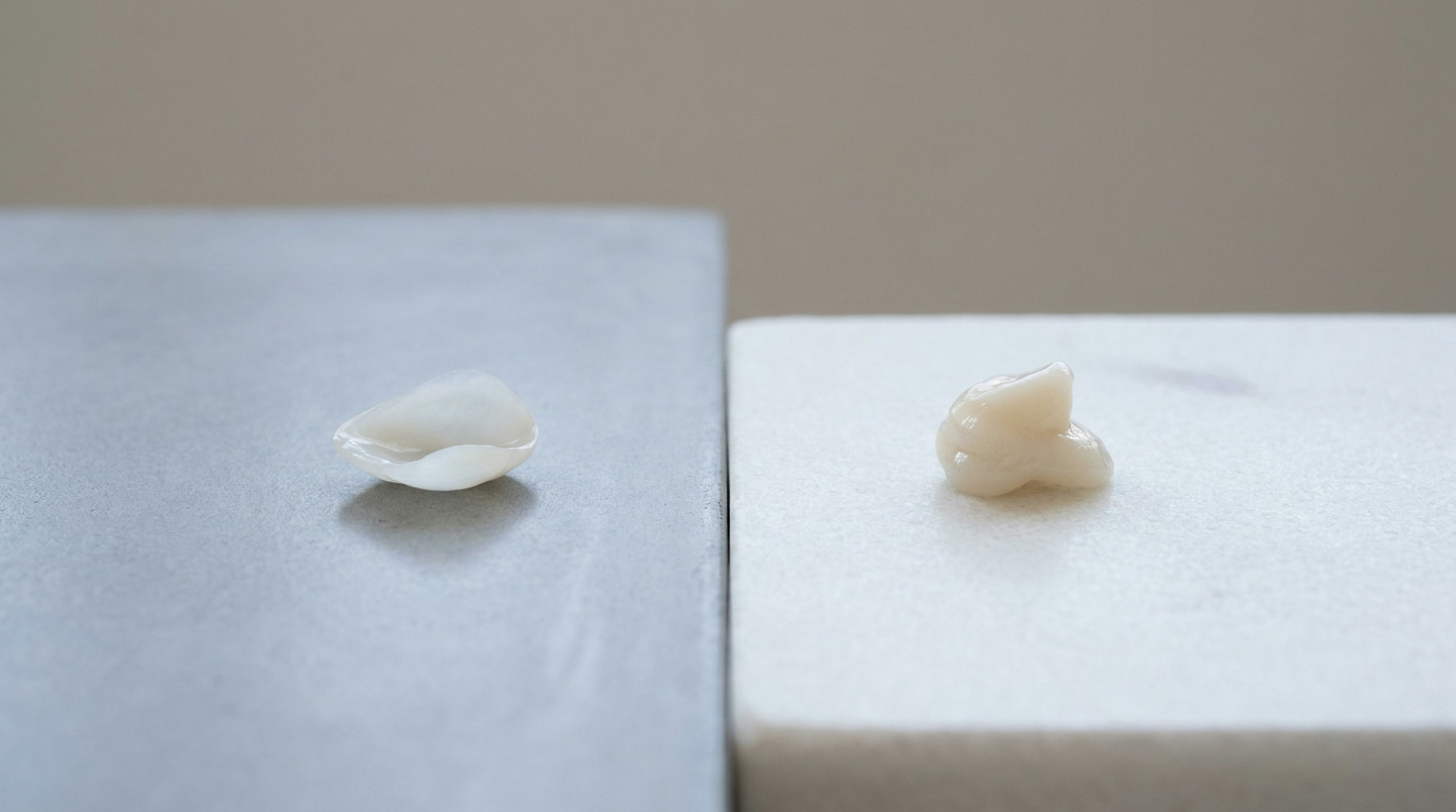 A white dental veneer rests on a gray surface, and a small blob of white composite resin sits on a white textured surface, separated by a vertical line.