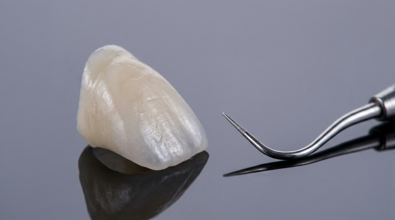 A porcelain veneer and a dental instrument with a curved tip rest on a reflective surface against a gray background.