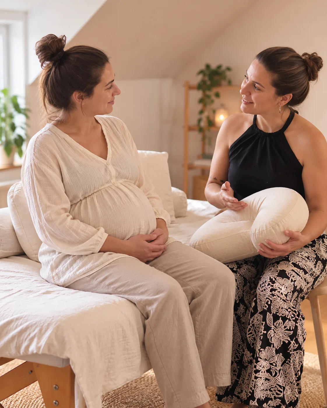 Vica talking with a pregnant client before a side lying pregnancy massage in the DOT Massage apartment studio in Copenhagen