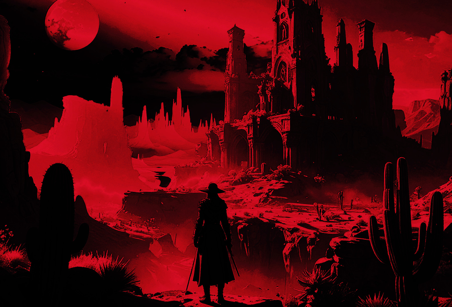 Perspective view of Blood Moon Redemption landscape, featuring a hunter in the center amid a dystopian, end-of-the-world environment.