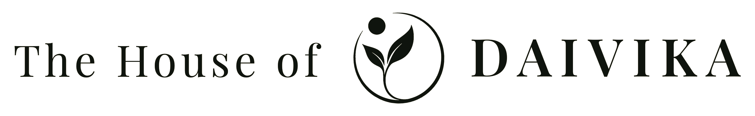 Logo of The House of DAIVIKA featuring elegant text and a circular emblem with a growing plant and a dot symbolizing growth and nature.