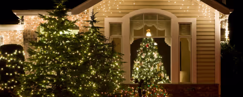 White Christmas lights draped across a house and pine tree.