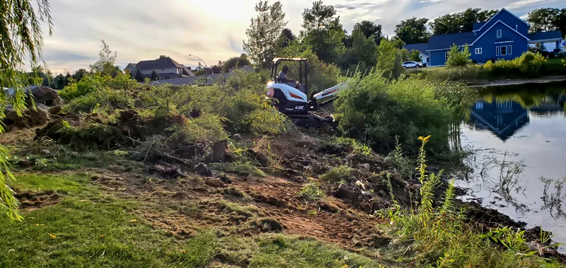 Clearing of riverside terrain with an excavator.