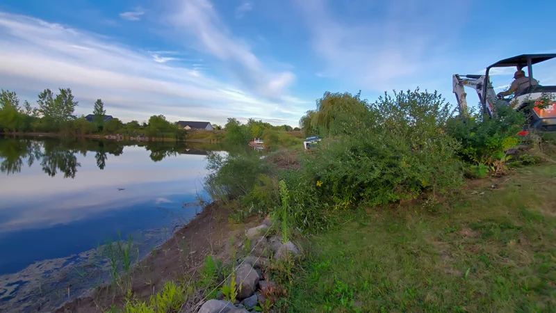 Clearing of riverside terrain with an excavator.