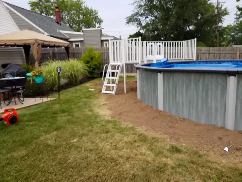 Poolside landscaping with gravel, pebbles, and prepared soil.