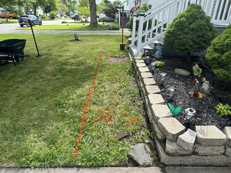 Marked grass area with orange lines indicating the planned pathway layout.