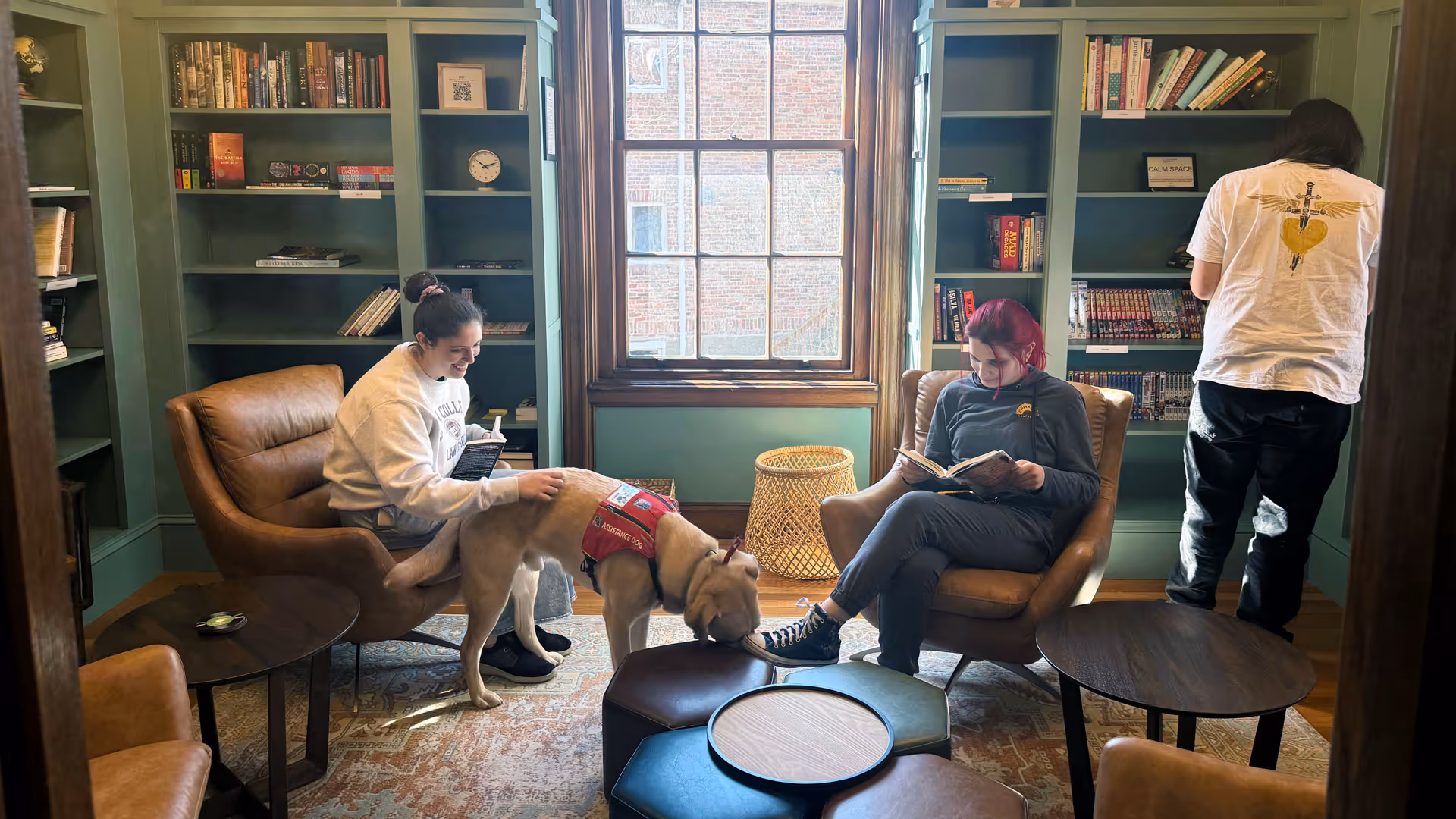 A cozy room with teal-colored built-in bookshelves filled with books. Two people are sitting in brown leather armchairs, reading. A dog wearing a red vest that says "Paws to Read" is standing between them.