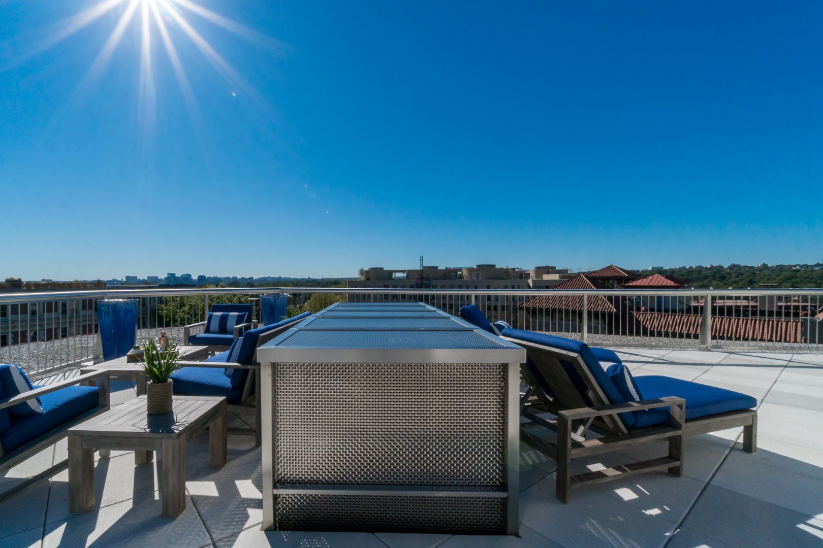Rooftop entertaining space with urban skyline views and strategic privacy screening