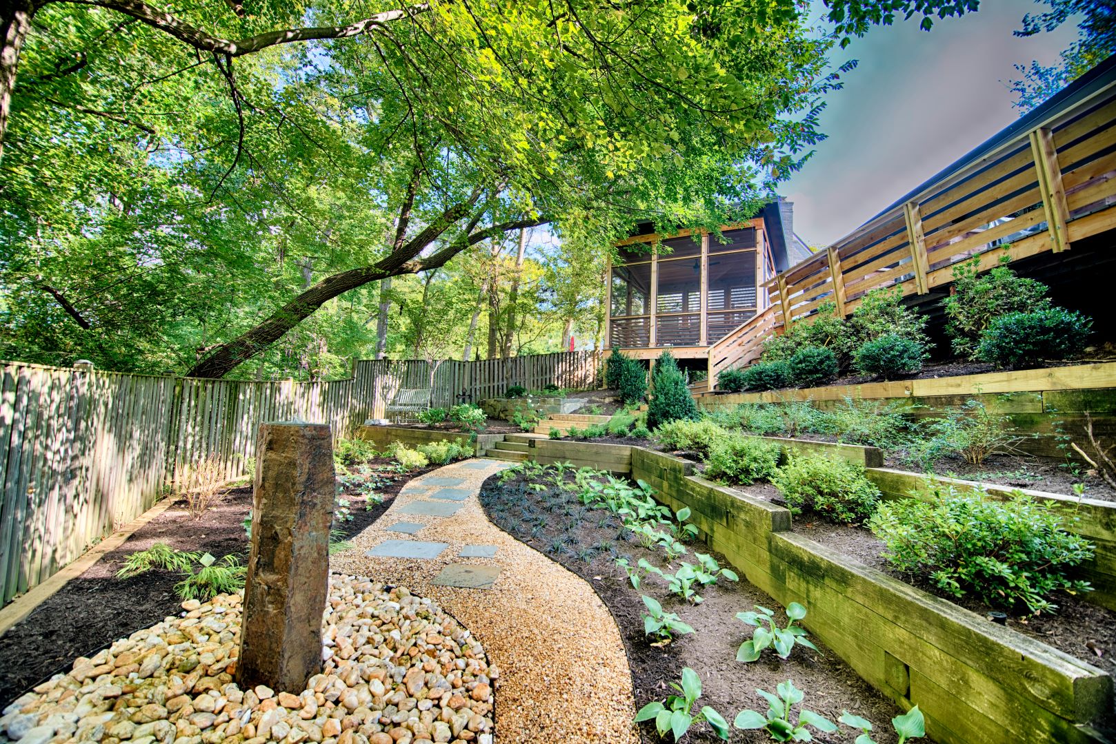 Contemporary landscape with basalt water feature, gravel pathways, and minimalist plantings extending modern home design