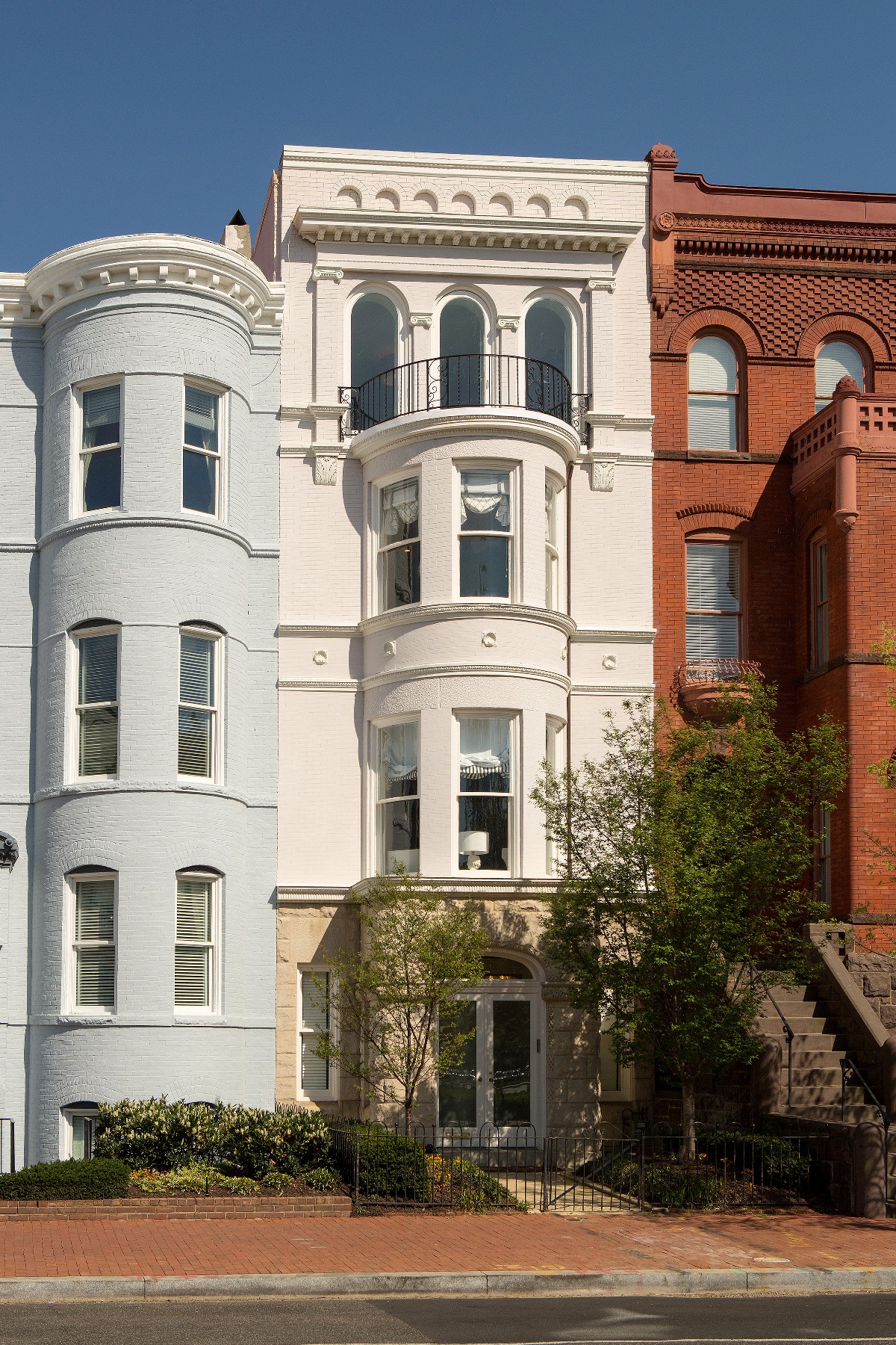 Front facade of completely transformed Capitol Hill rowhouse featuring historic preservation, quality restoration, and refined architectural details