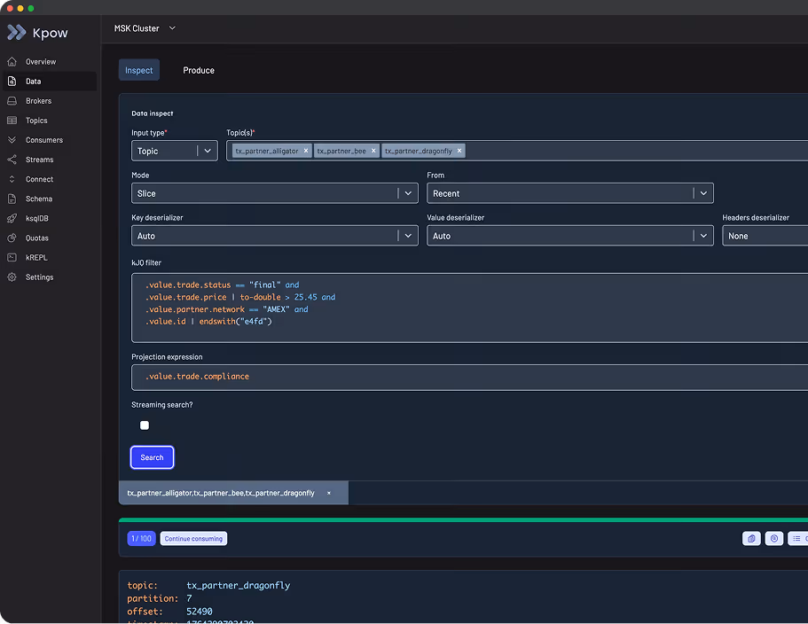 Kpow software interface displaying a Kafka topic data inspection screen with filters and a kSQL kJQ filter query targeting specific trade status, price, partner network, and ID criteria.