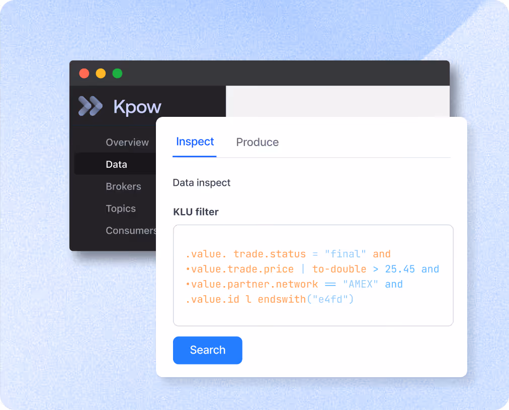 User interface of Kpow software showing a Data inspect tab with a KLU filter for trade status, price, partner network, and ID ending criteria, and a blue Search button.