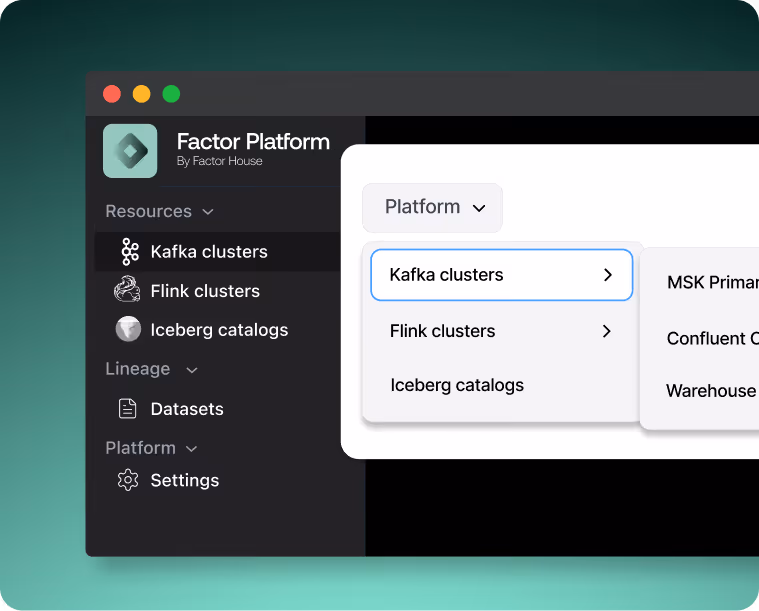 Factor Platform interface showing sidebar menu with Kafka, Flink clusters, Iceberg catalogs, and settings.