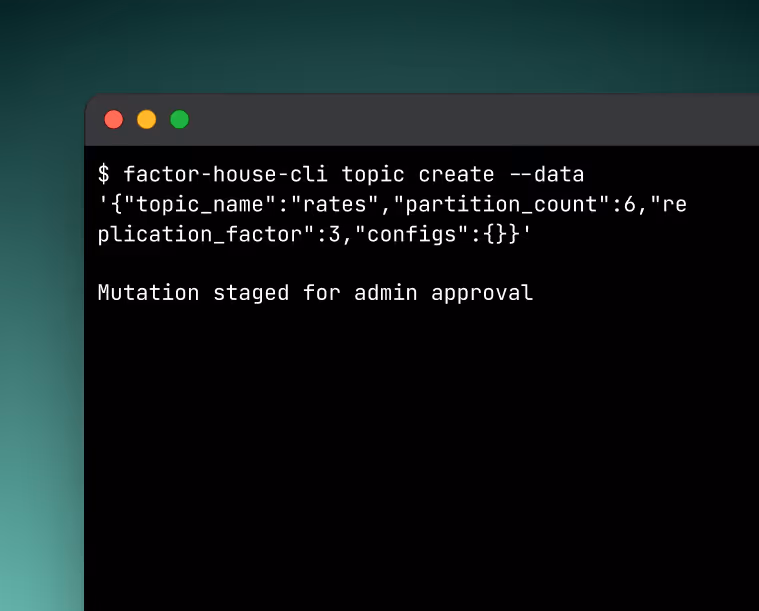 Terminal window showing command to create a topic named rates with partitions and replication, awaiting approval.