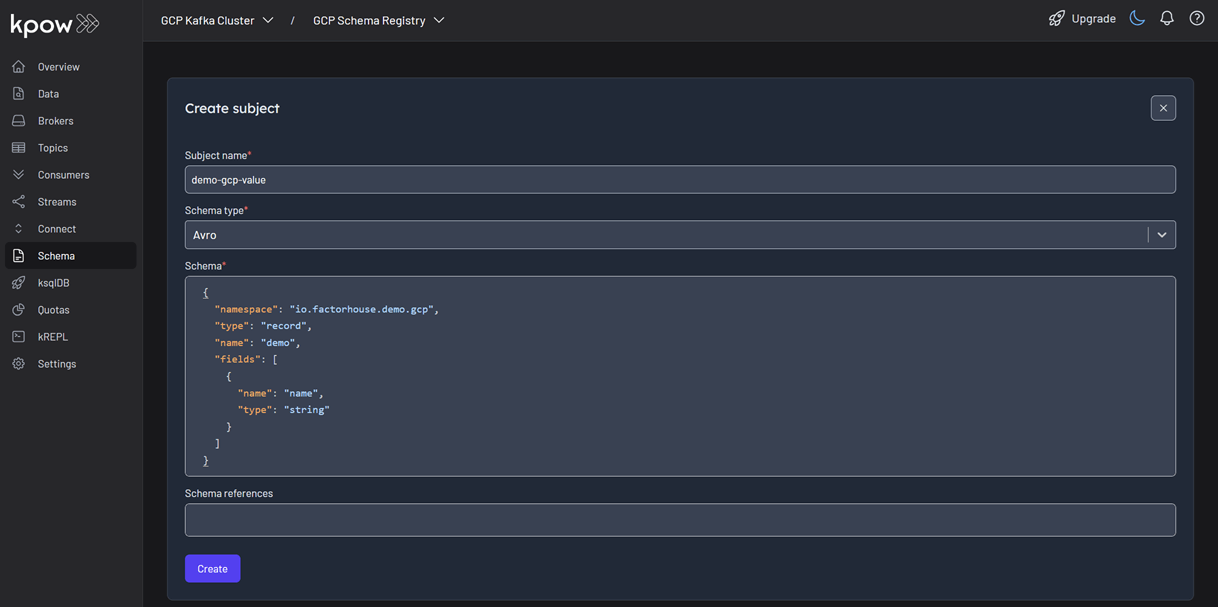 Create Schema on GCP Registry