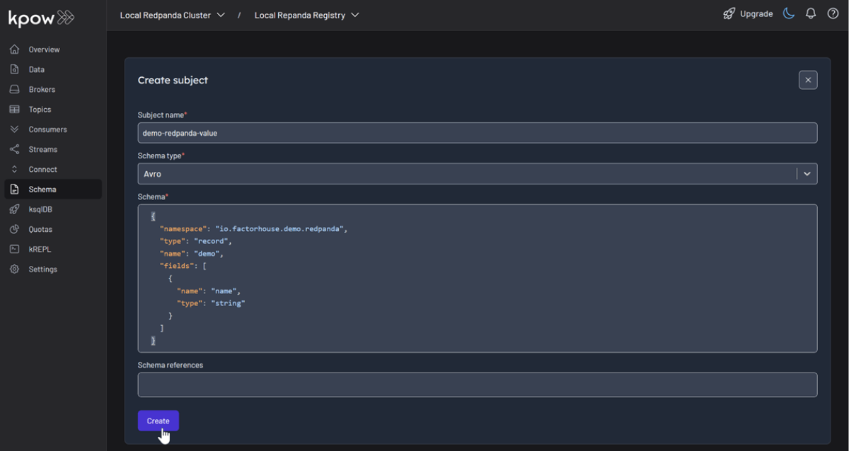 Create Schema on Redpanda Registry