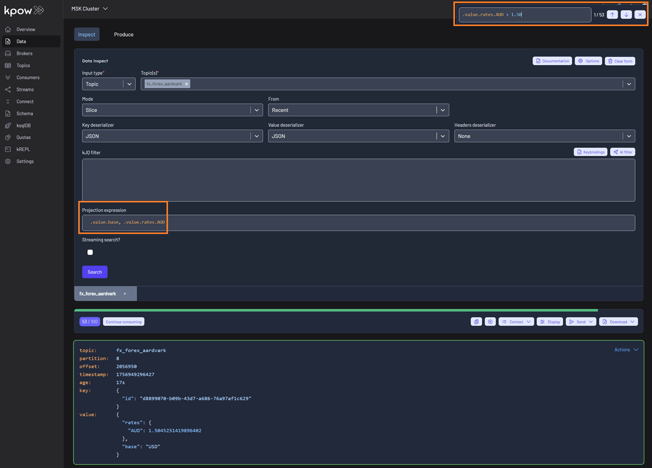 Projection expressions and Search
