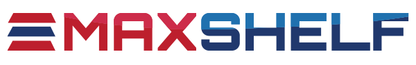 MAXSHELF brand logo with stylized red and blue text and a three-line graphic element.