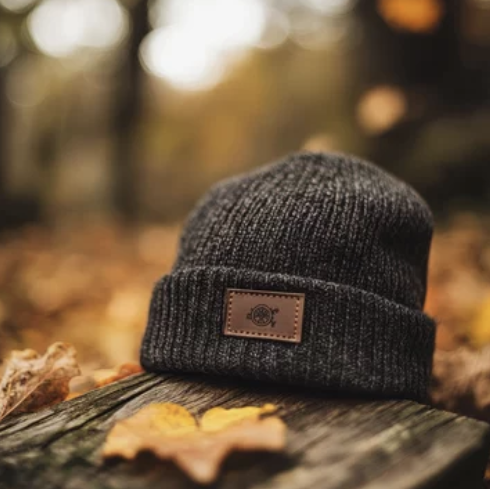 Beanie with custom engraved leather patch