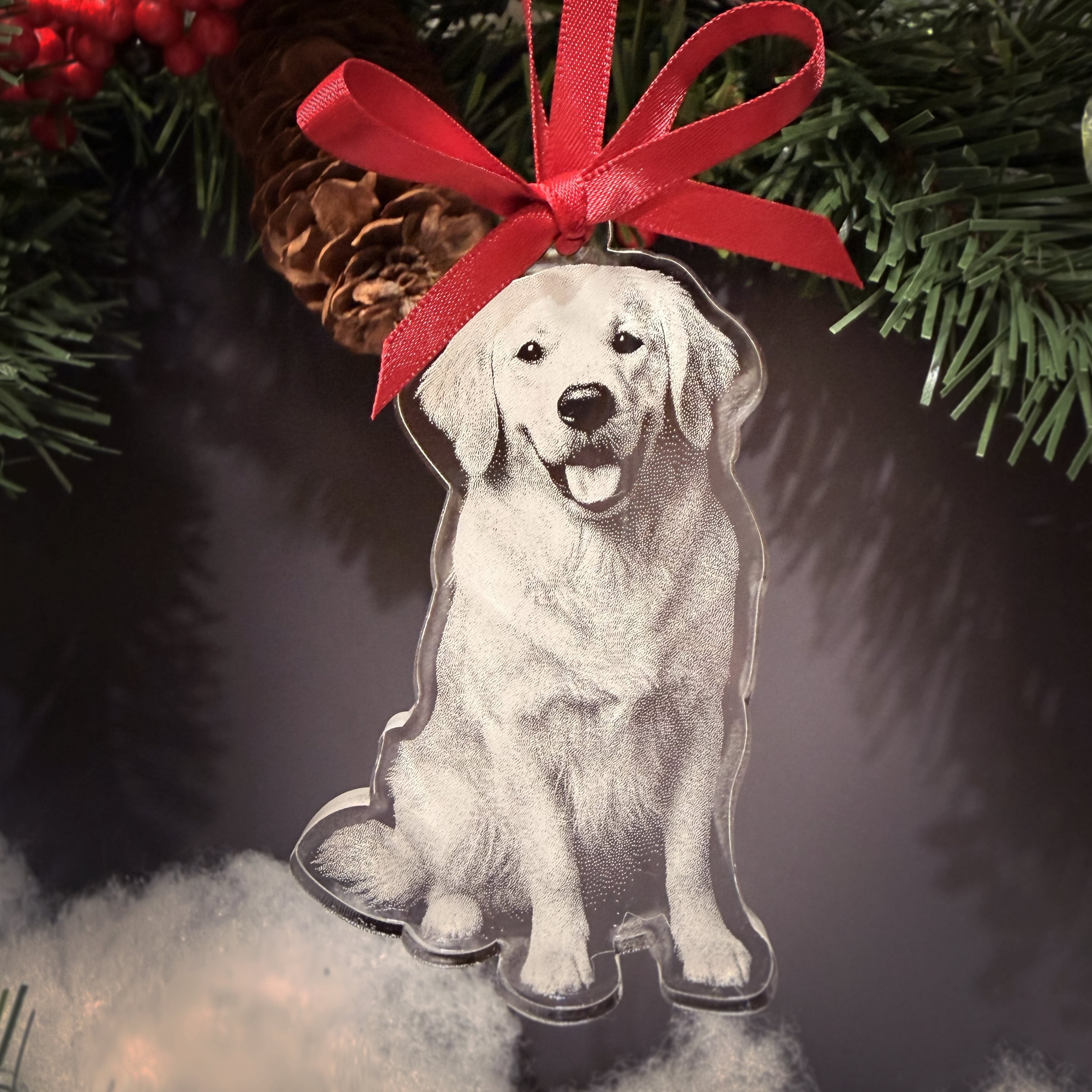 Personalized Clear acrylic Christmas ornament with engraved image of a happy Labrador dog