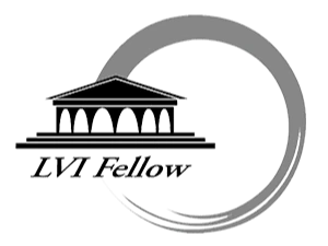 LVT Fellow logo featuring a neoclassical building silhouette with arches and a circular laurel wreath design.