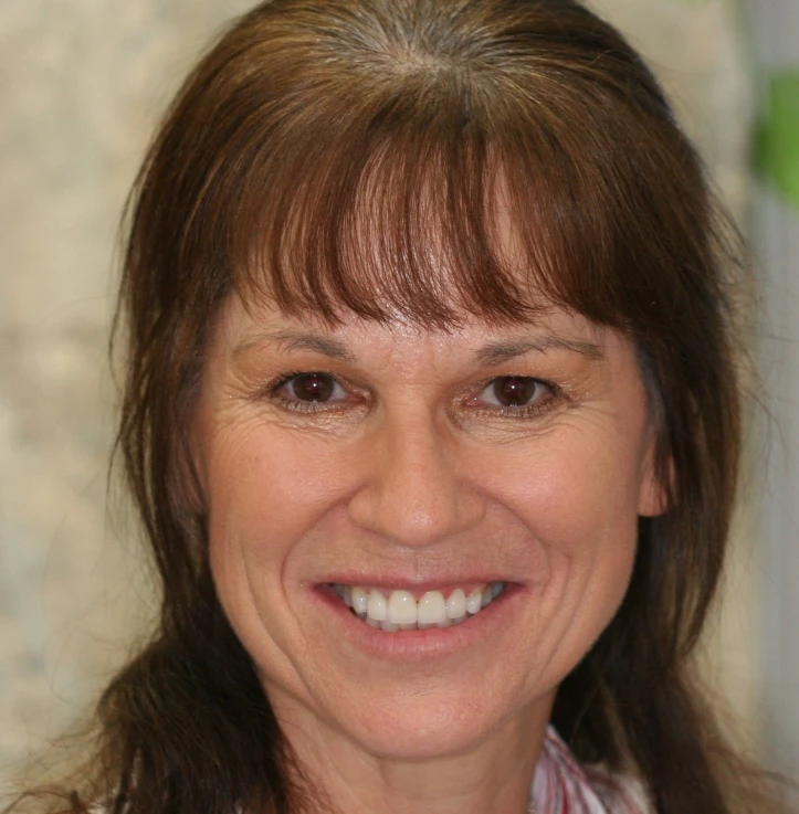 Close-up portrait of a smiling woman with brown hair and bangs.