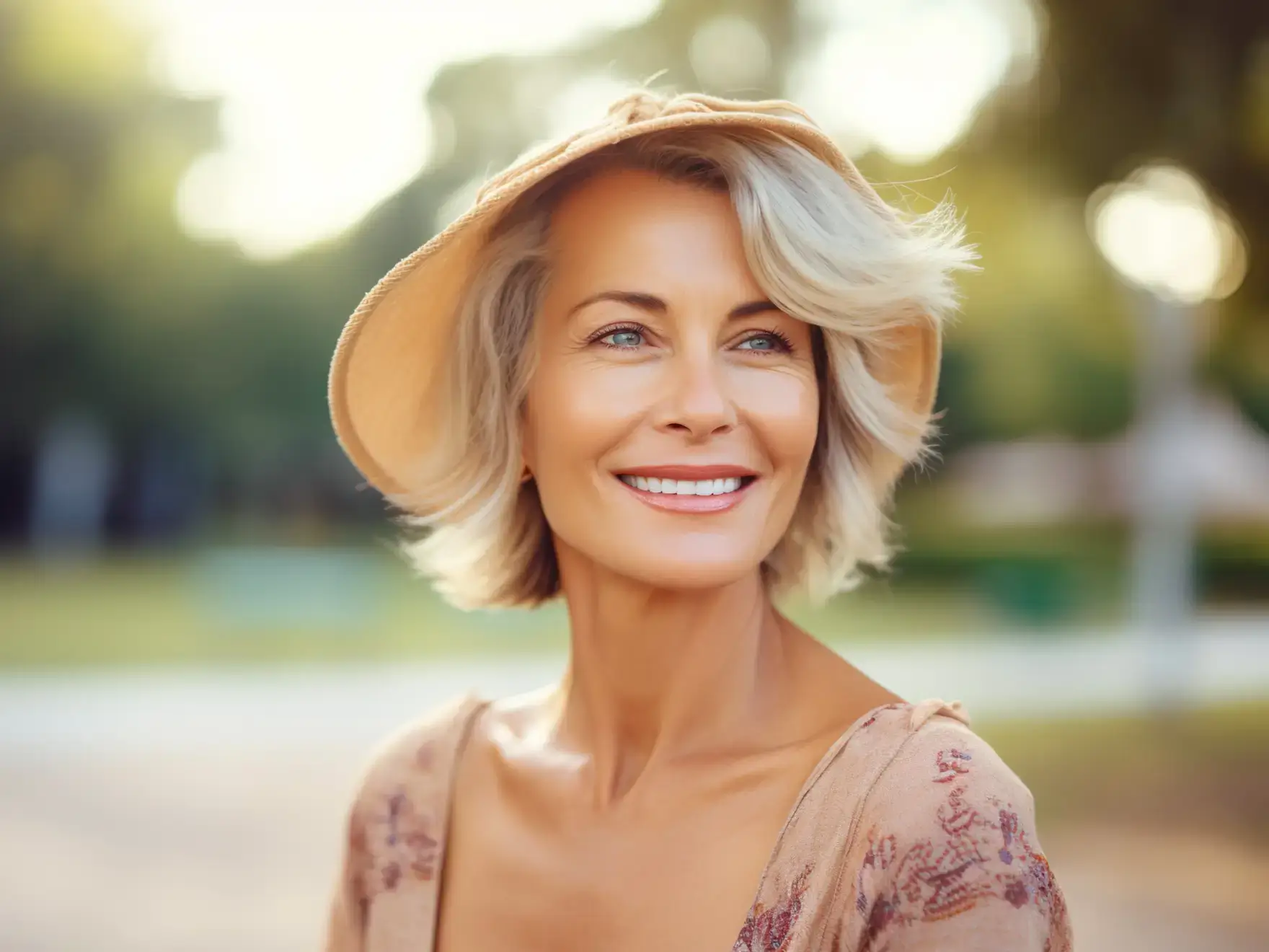 Smiling middle-aged woman with short blonde hair wearing a beige sunhat and floral blouse outdoors.