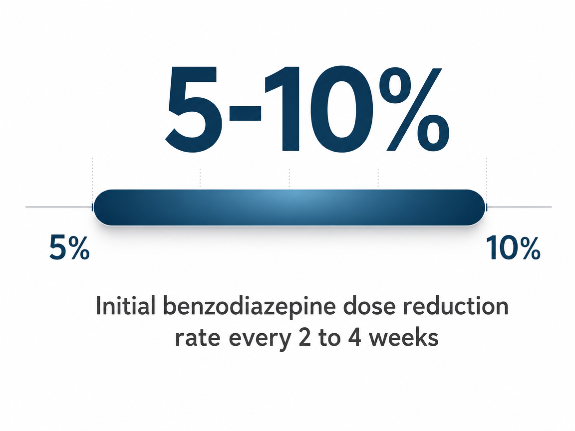 Infographic showing Initial benzodiazepine dose reduction rate every 2 to 4 weeks: 5-10%