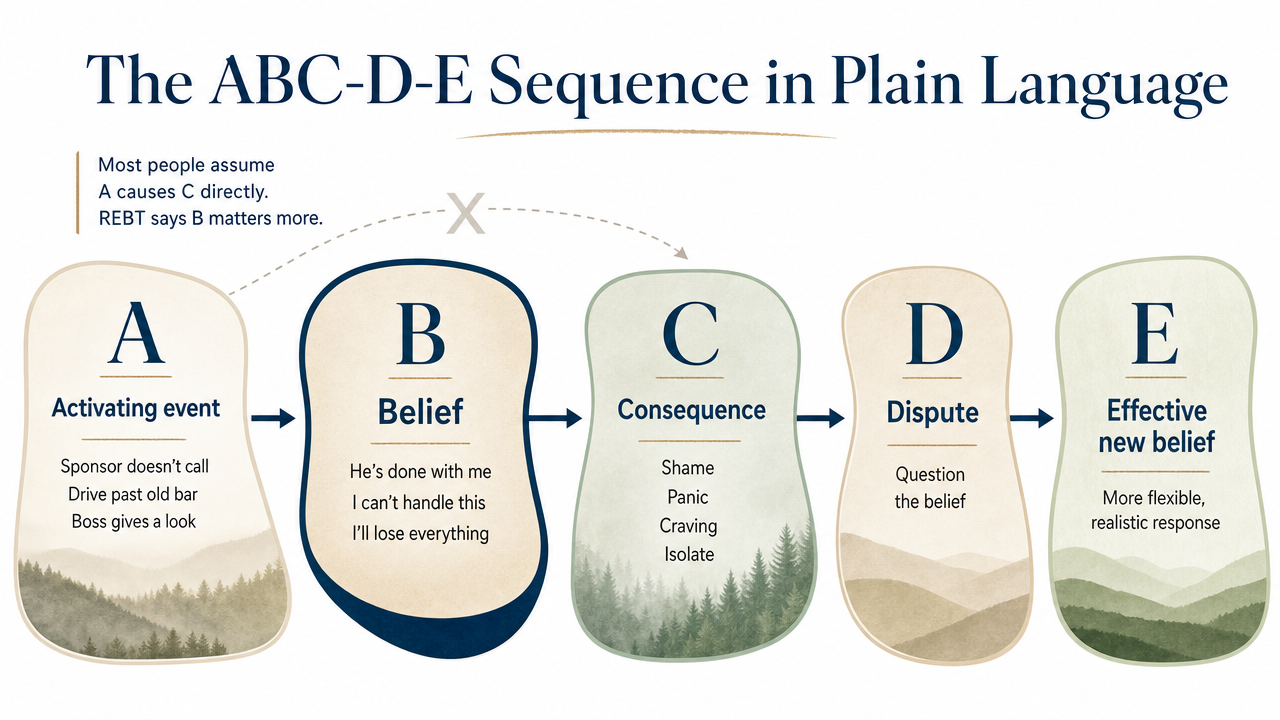 Visualize the five-step REBT framework explicitly explained in this section, helping readers internalize the sequence