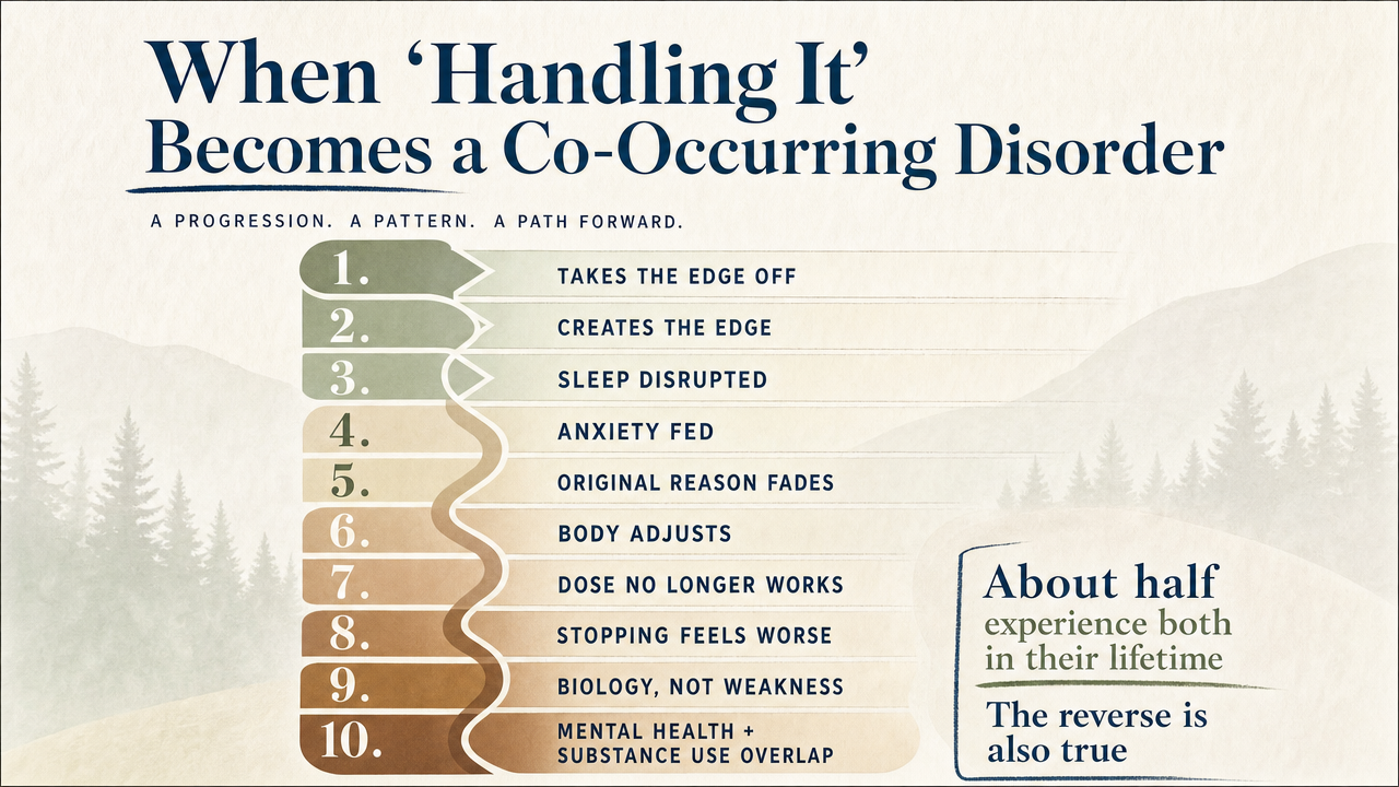 Visualize the cited progression from unaddressed distress to co-occurring disorder, which the section explicitly walks through as a sequence