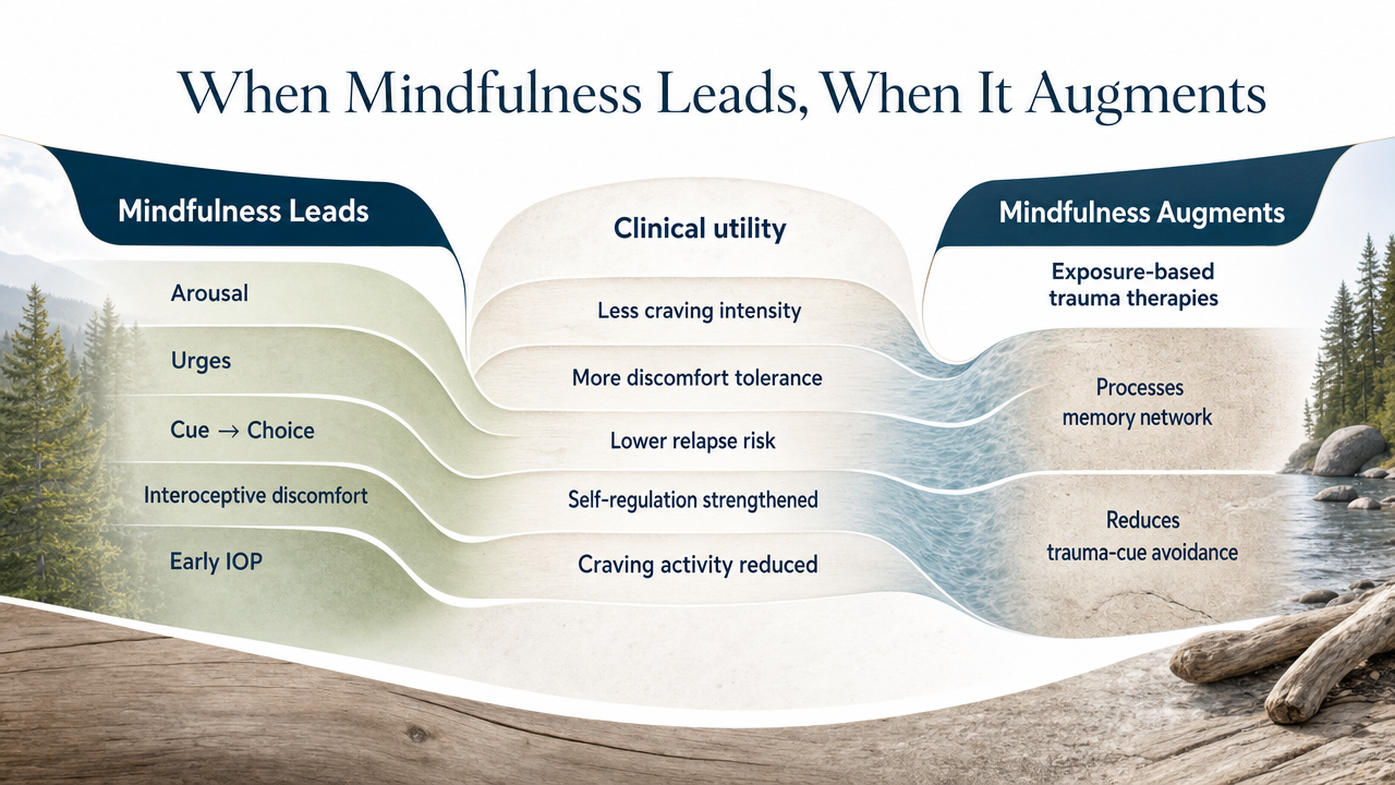 A process infographic that visualizes the section's clinical sequencing framework, showing when mindfulness leads versus augments across a co-occurring care plan. Directly mirrors the section's comparison logic