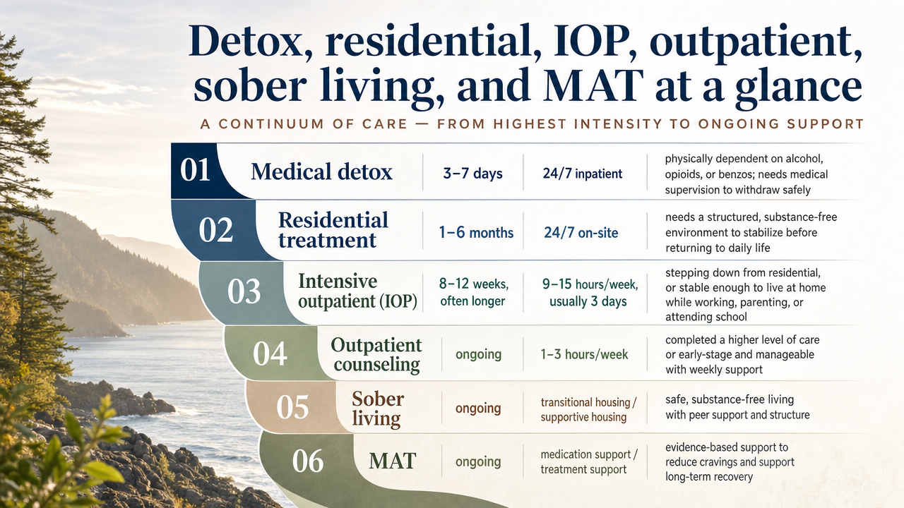 Translate the level-of-care comparison table into a scannable visual framework showing intensity and time commitment across the six OHP-covered levels