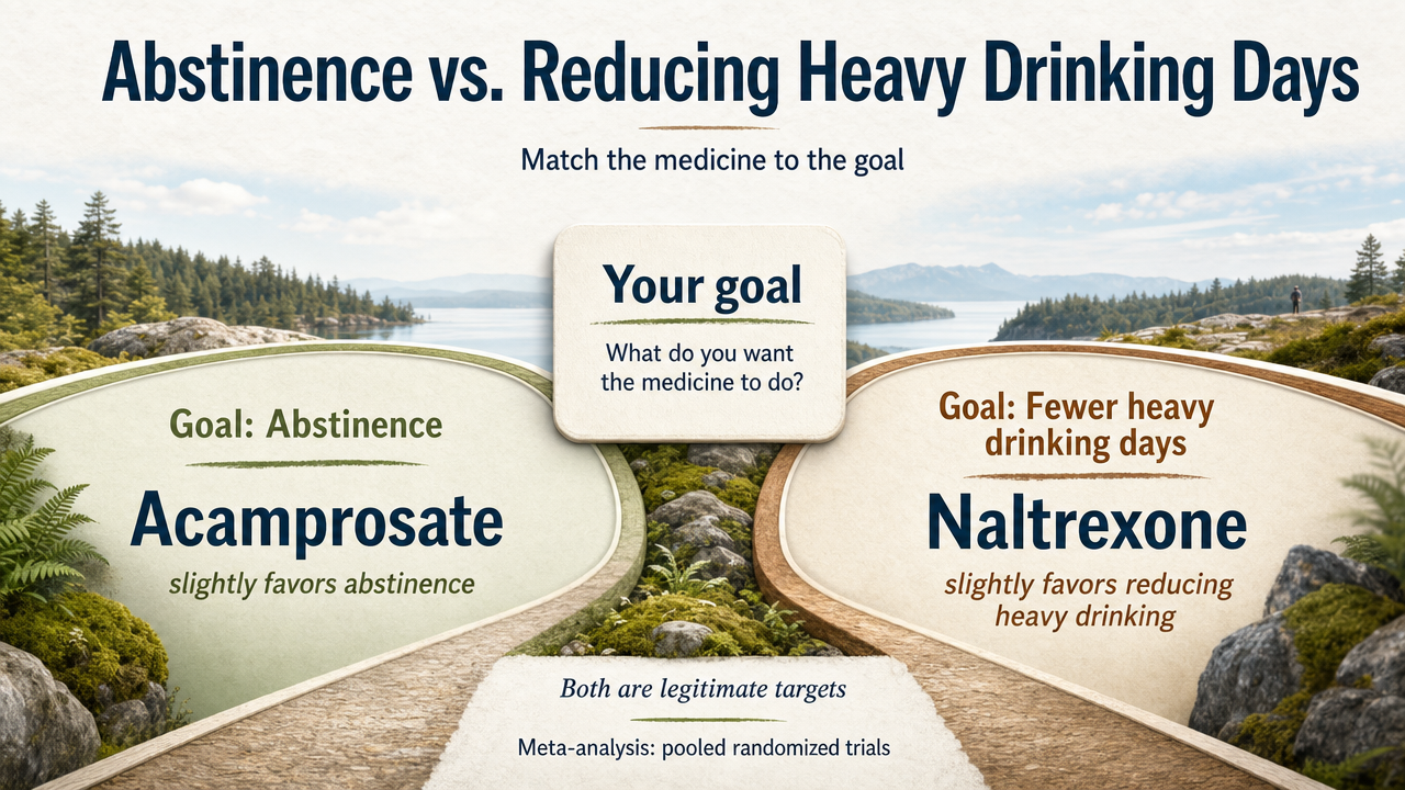 Visualize the directional lean from the meta-analysis: acamprosate favors abstinence, naltrexone favors reducing heavy drinking, supporting goal-matching in this section