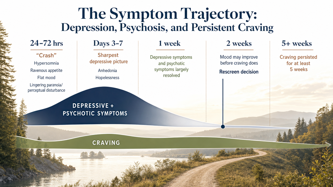 Visualize the divergent time course of depressive/psychotic symptoms versus craving during meth withdrawal, which is the central clinical fact of the section and drives the two-week rescreen decision